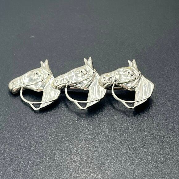 Beau Sterling Vtg STERLING Silver Horse Brooch/Pin Triple Horse Head Equestrian - Picture 1 of 8